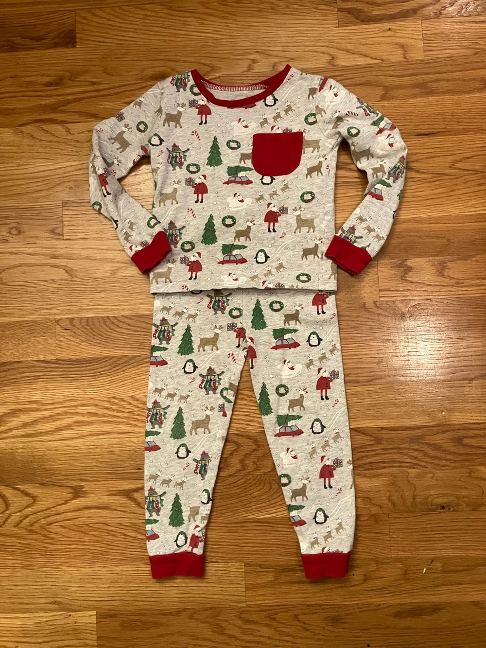 Mud Pie Gray Holiday Print Pajama Set with Red Trim and Pocket